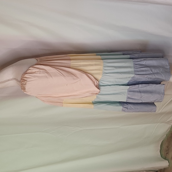 Pastel multicolor tiered dress 3/4 sleeve L XL pink yellow green blue prariecore - Picture 4 of 16